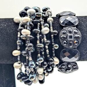 Lot of Two Black Gray Faux Pearl Crystal Wire Wrap & Stretch Bracelets